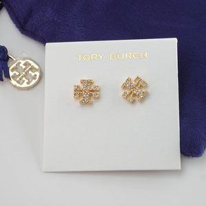 Tory Burch Kira Pavé Original Logo Jewel Crusted Studs Earrings GOLD (NWT)